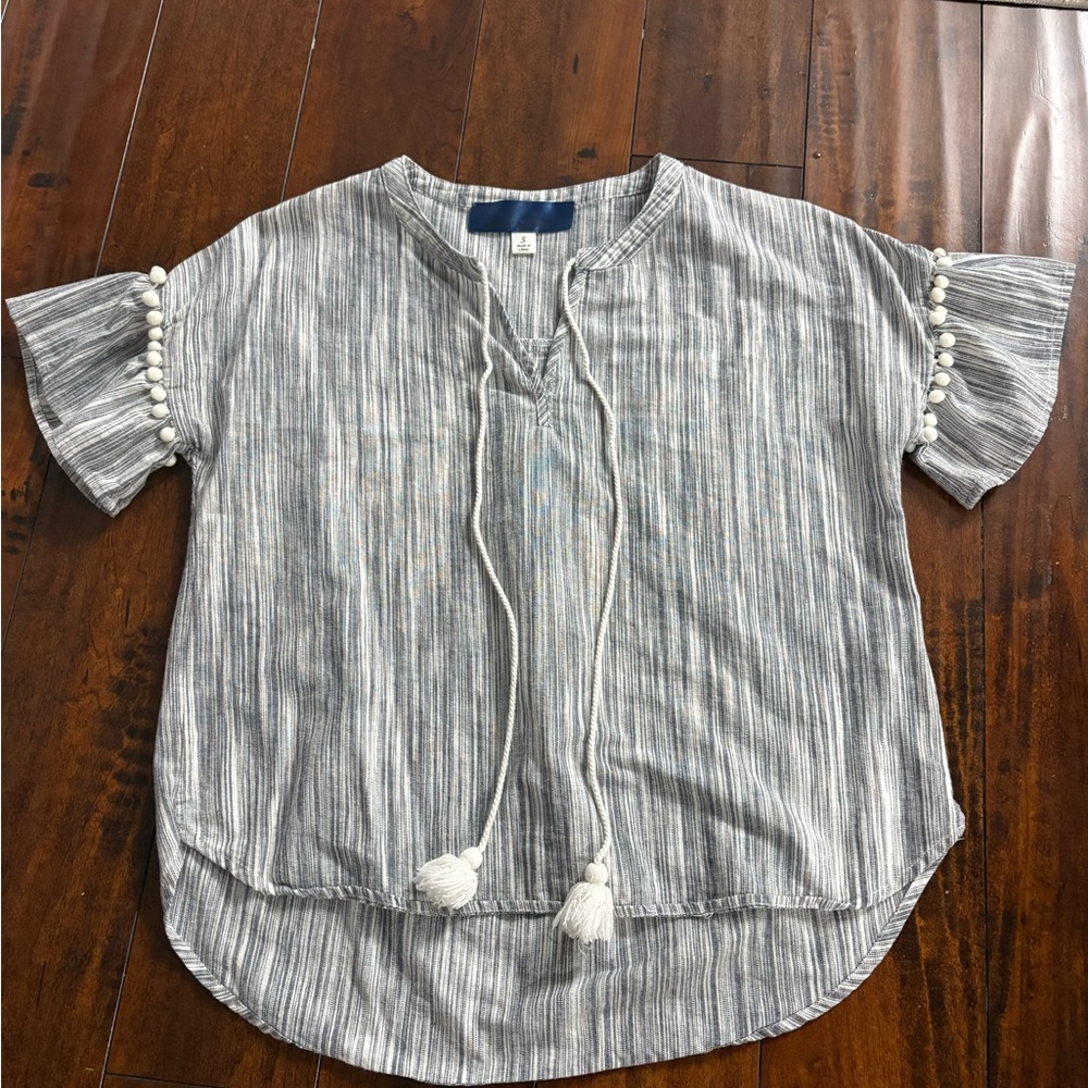 Striped Gray Blouse with Pom Pom Sleeves